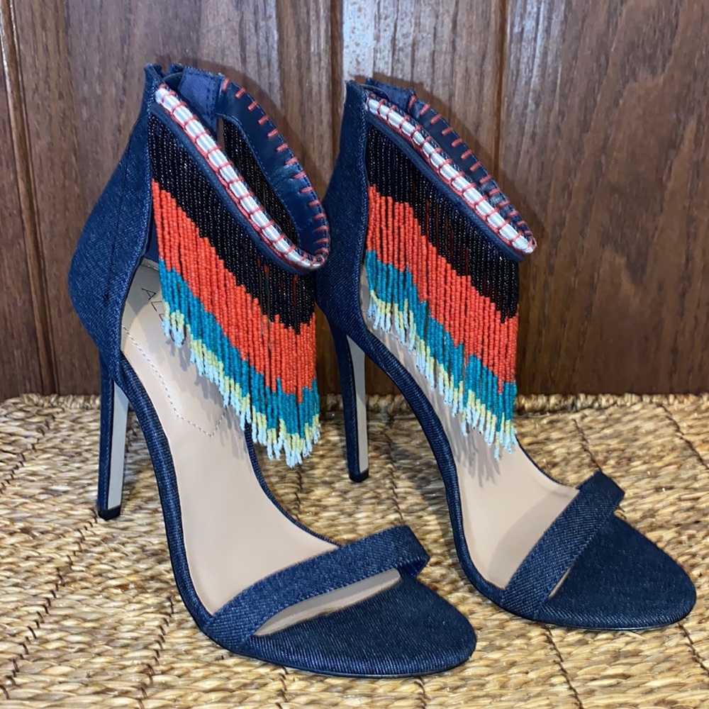 ALDO Back Zip Franssie Beaded Denim Fringe- 4.5” Stiletto Heels-Women’s size 7